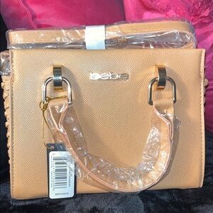 Bebe Beige Satchel with Gold Accents